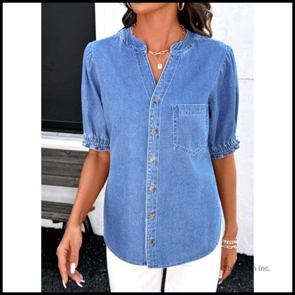 Denim Shirt Button Down Casual Short Sleeve V Neck Blouse - Picture 5 of 7